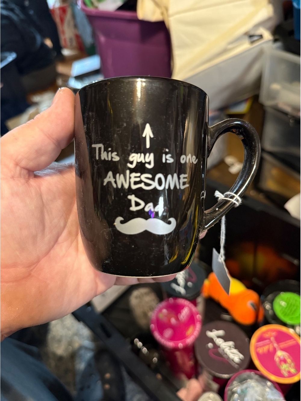 Black Coffee Mug with 'This Guy is One AWESOME Dad' Text and Mustache Design